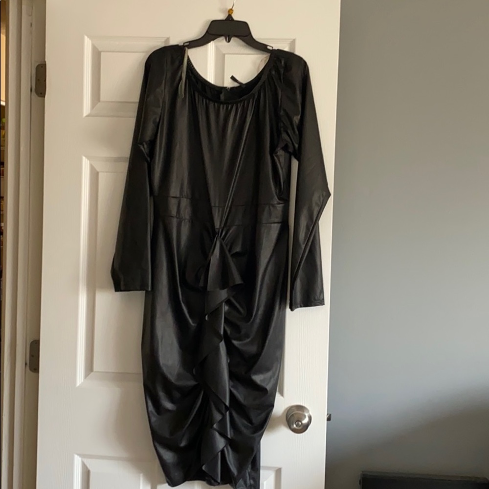 Faux leatherette black midi dress